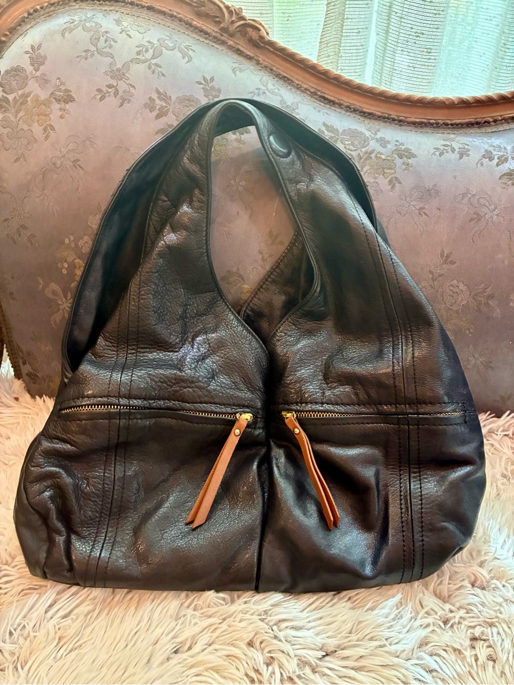 Sondra Roberts Leather Hobo Bag with Contrast Zipper Pulls